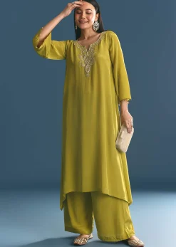 Green Crepe Gold Zardosi Kurta Pant With Dupatta