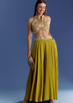 Green Crepe Palazzo Set With Moti And Zardosi Croptop