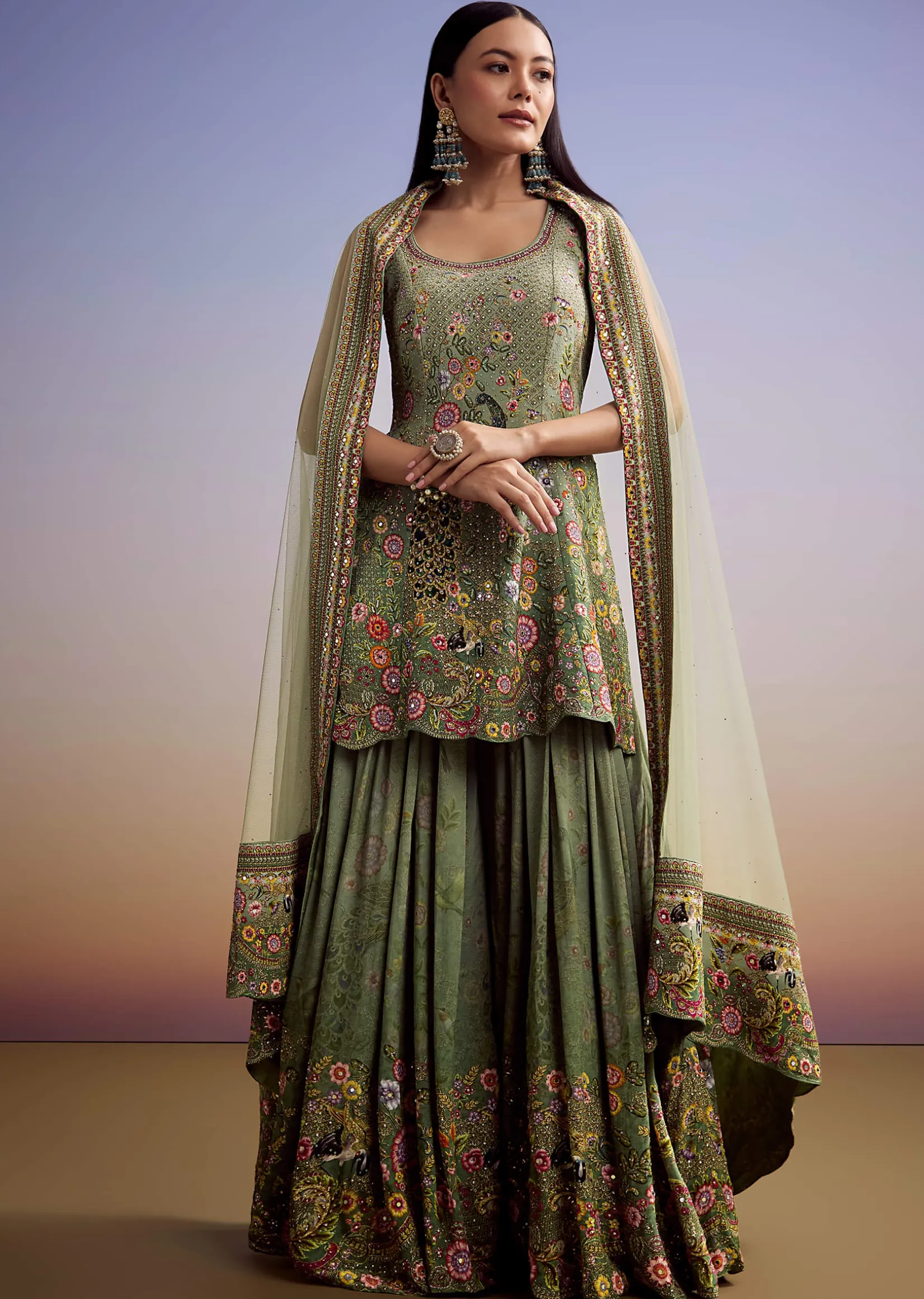 Green Crepe Palazzo Suit With Floral Print And Stone Work