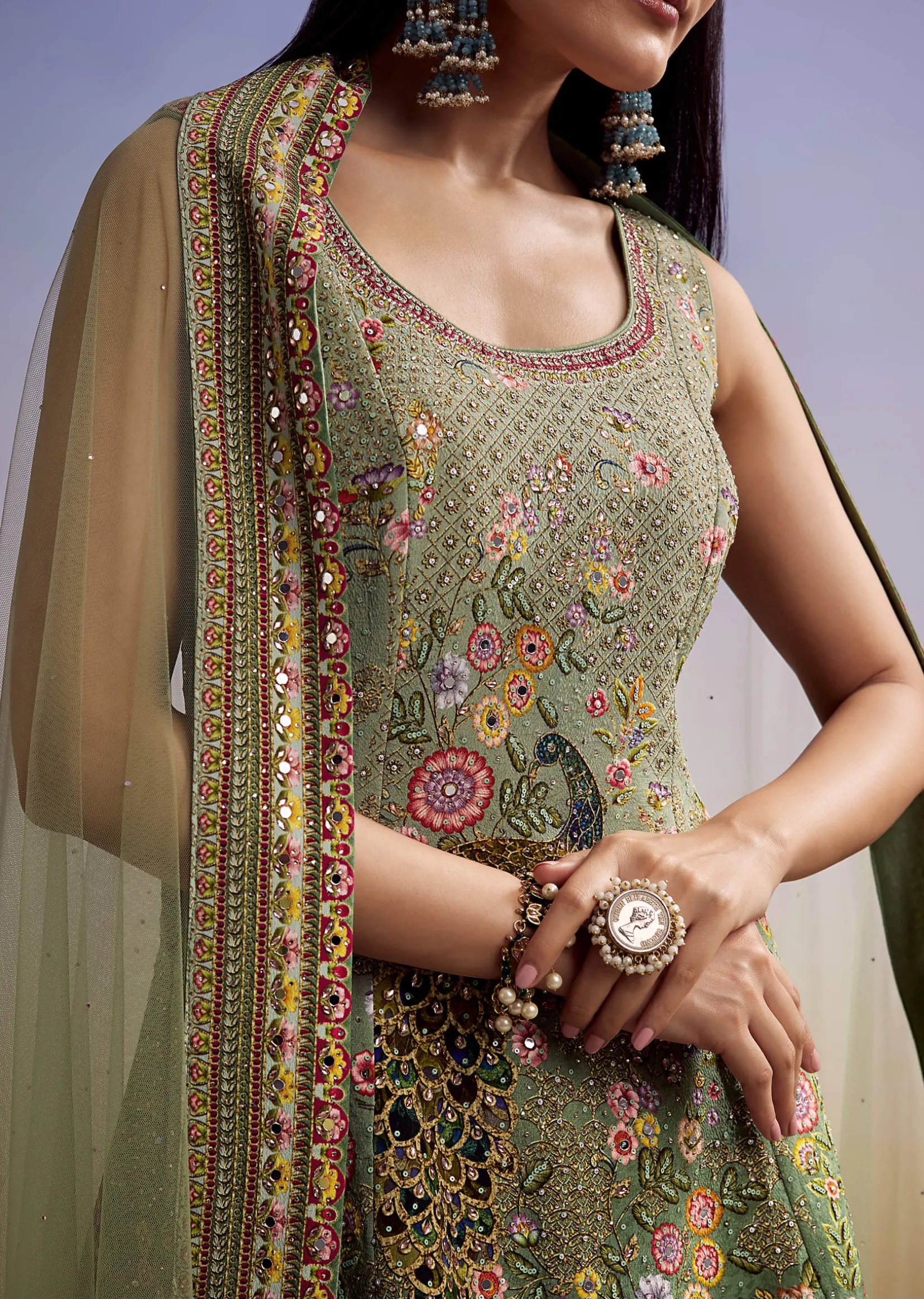 Green Crepe Palazzo Suit With Floral Print And Stone Work