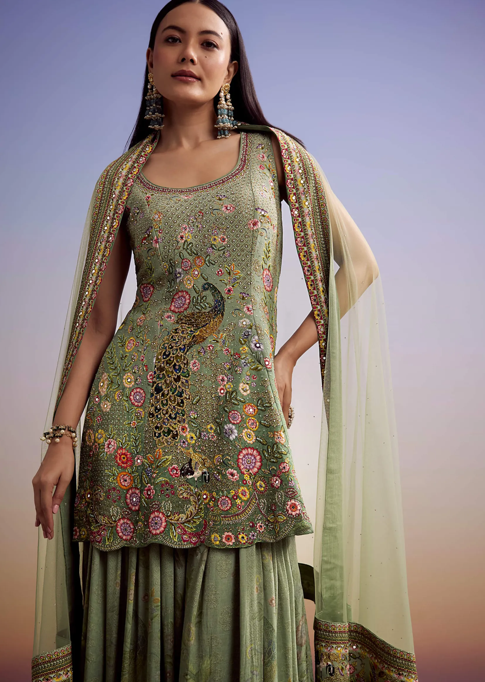 Green Crepe Palazzo Suit With Floral Print And Stone Work