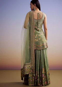 Green Crepe Palazzo Suit With Floral Print And Stone Work