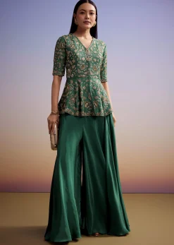 Green Crepe Peplum Crop Top And Palazzo Set With Zardosi Work