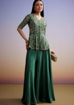 Green Crepe Peplum Crop Top And Palazzo Set With Zardosi Work