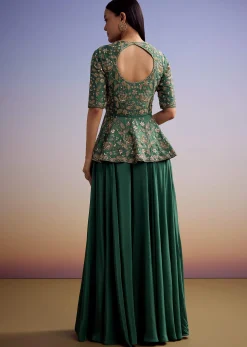 Green Crepe Peplum Crop Top And Palazzo Set With Zardosi Work