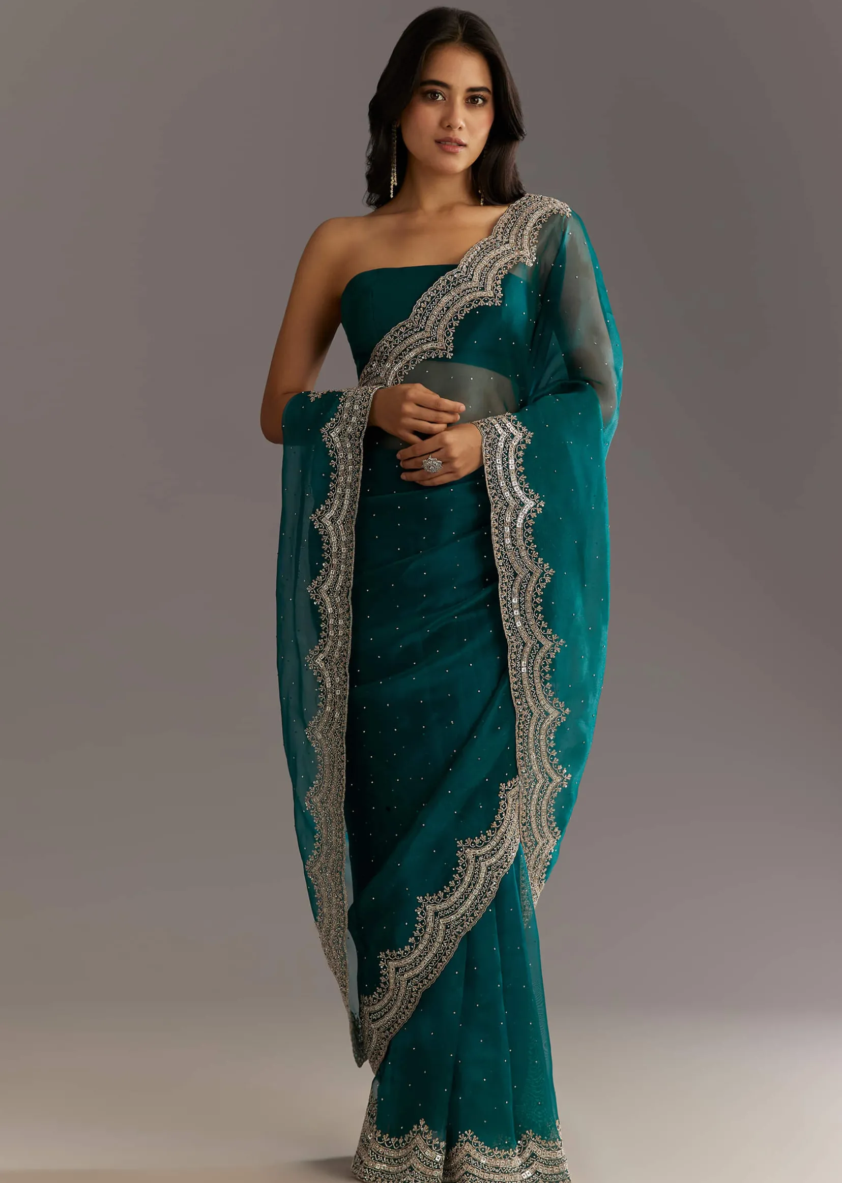 Green Embellished Tissue Saree With Embroidered Cutdana Sequin Border