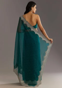 Green Embellished Tissue Saree With Embroidered Cutdana Sequin Border