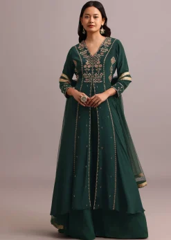 Green Embroidered Anarkali Palazzo Suit With Net Dupatta