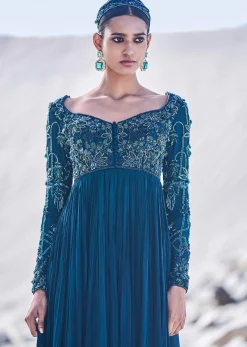 Green Embroidered Crepe Gown With Choker Dupatta