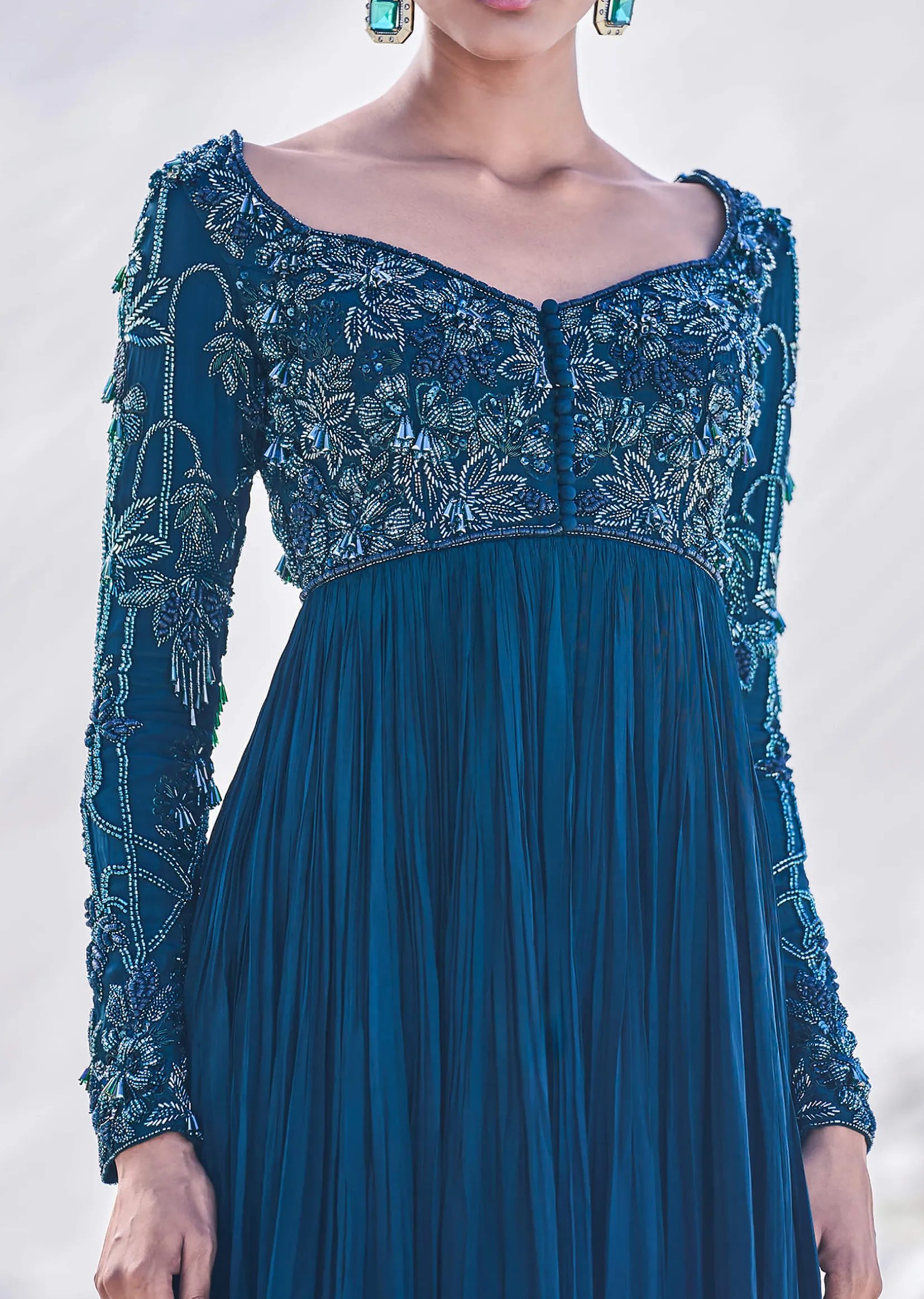 Green Embroidered Crepe Gown With Choker Dupatta