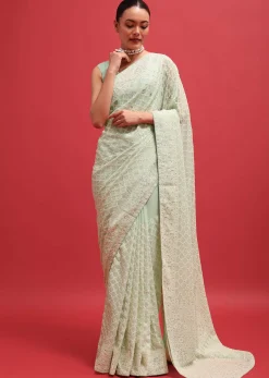 Green Embroidered Georgette Chikankari Saree With Unstitched Blouse