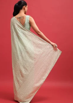 Green Embroidered Georgette Chikankari Saree With Unstitched Blouse