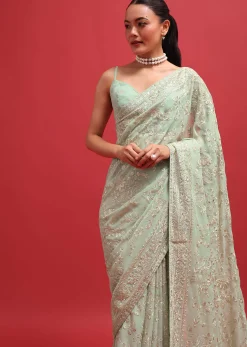 Green Embroidered Georgette Chikankari Saree With Unstitched Blouse