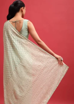 Green Embroidered Georgette Chikankari Saree With Unstitched Blouse