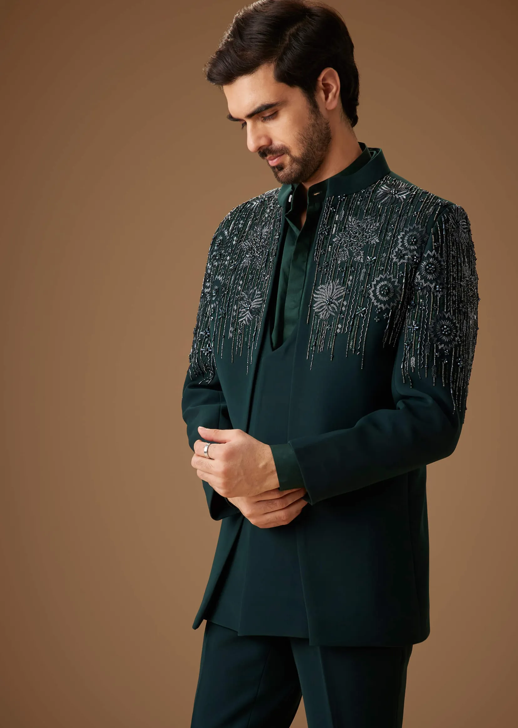 Green Embroidered Indo Western Jacket Set