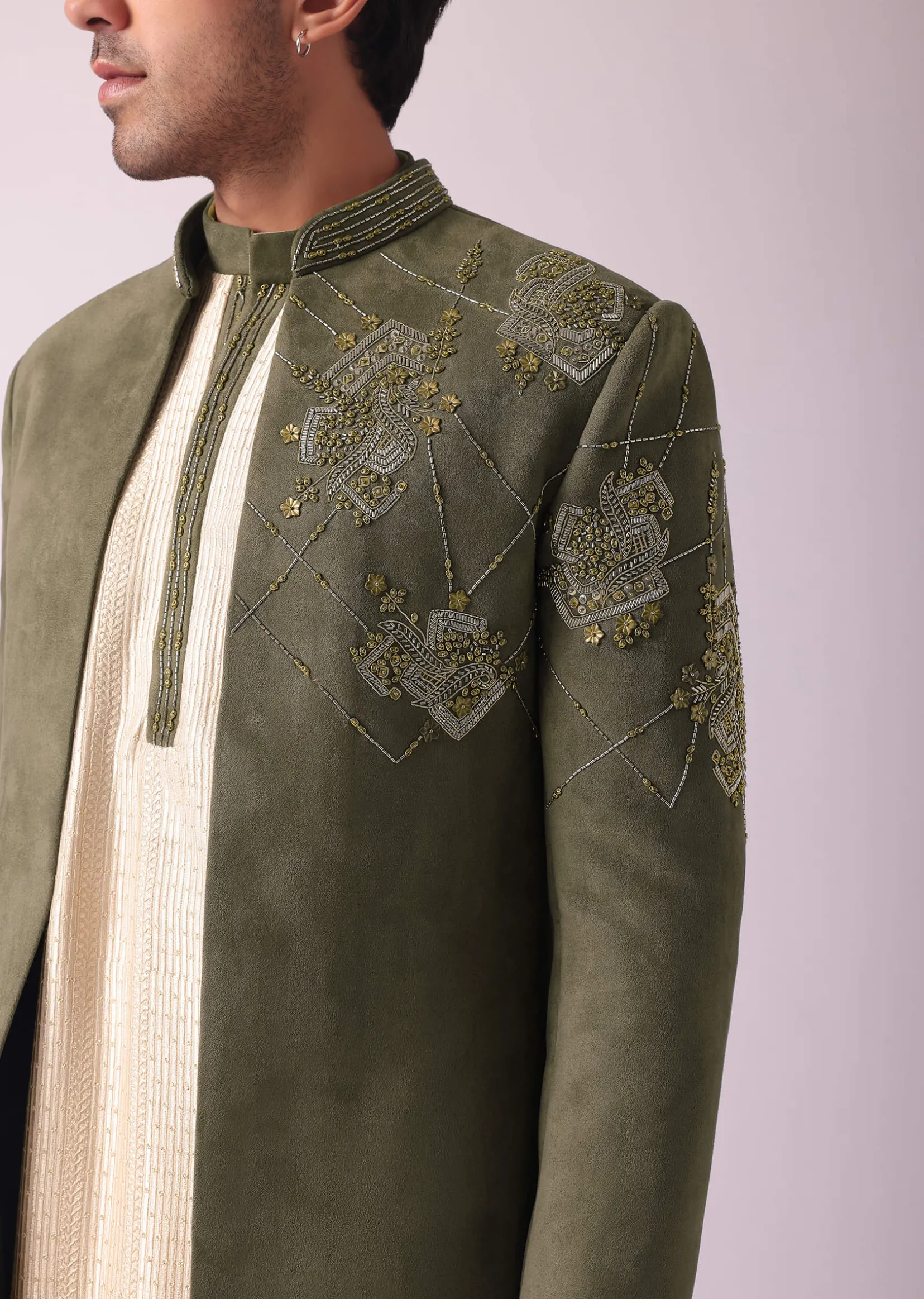 Green Embroidered Indowestern In Velvet