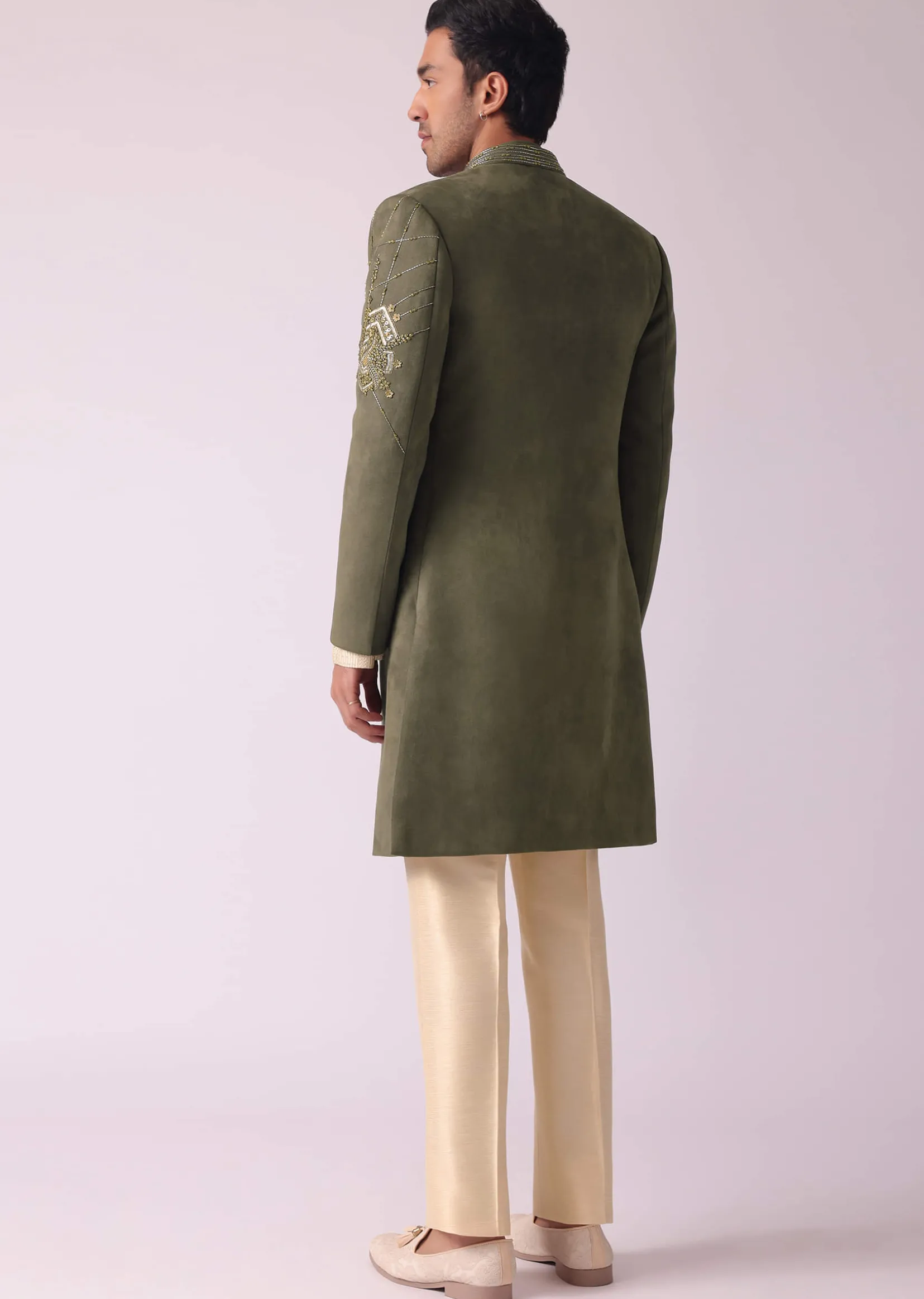 Green Embroidered Indowestern In Velvet