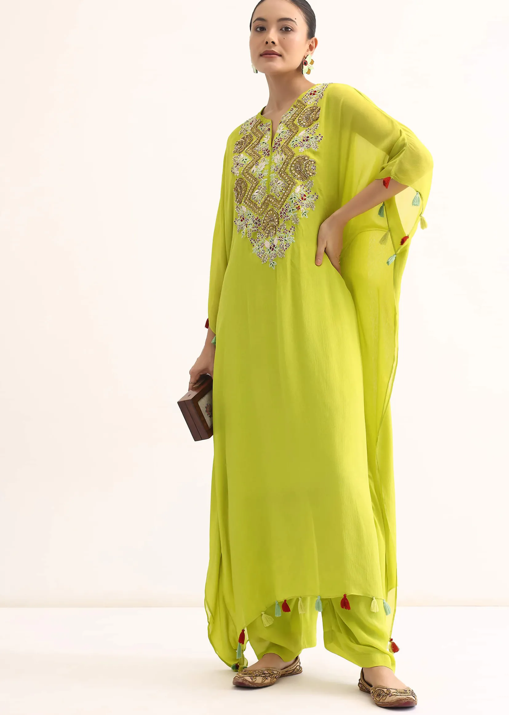 Green Embroidered Kaftan Kurta Set