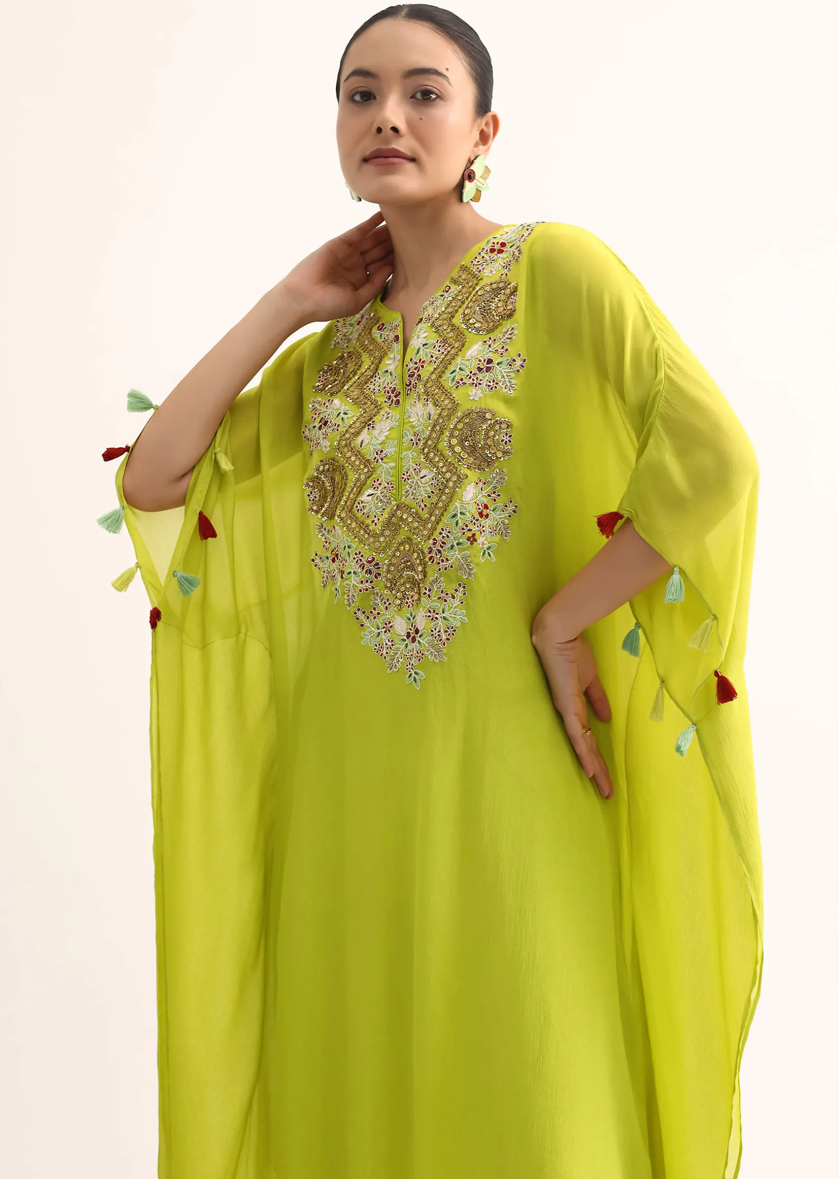 Green Embroidered Kaftan Kurta Set