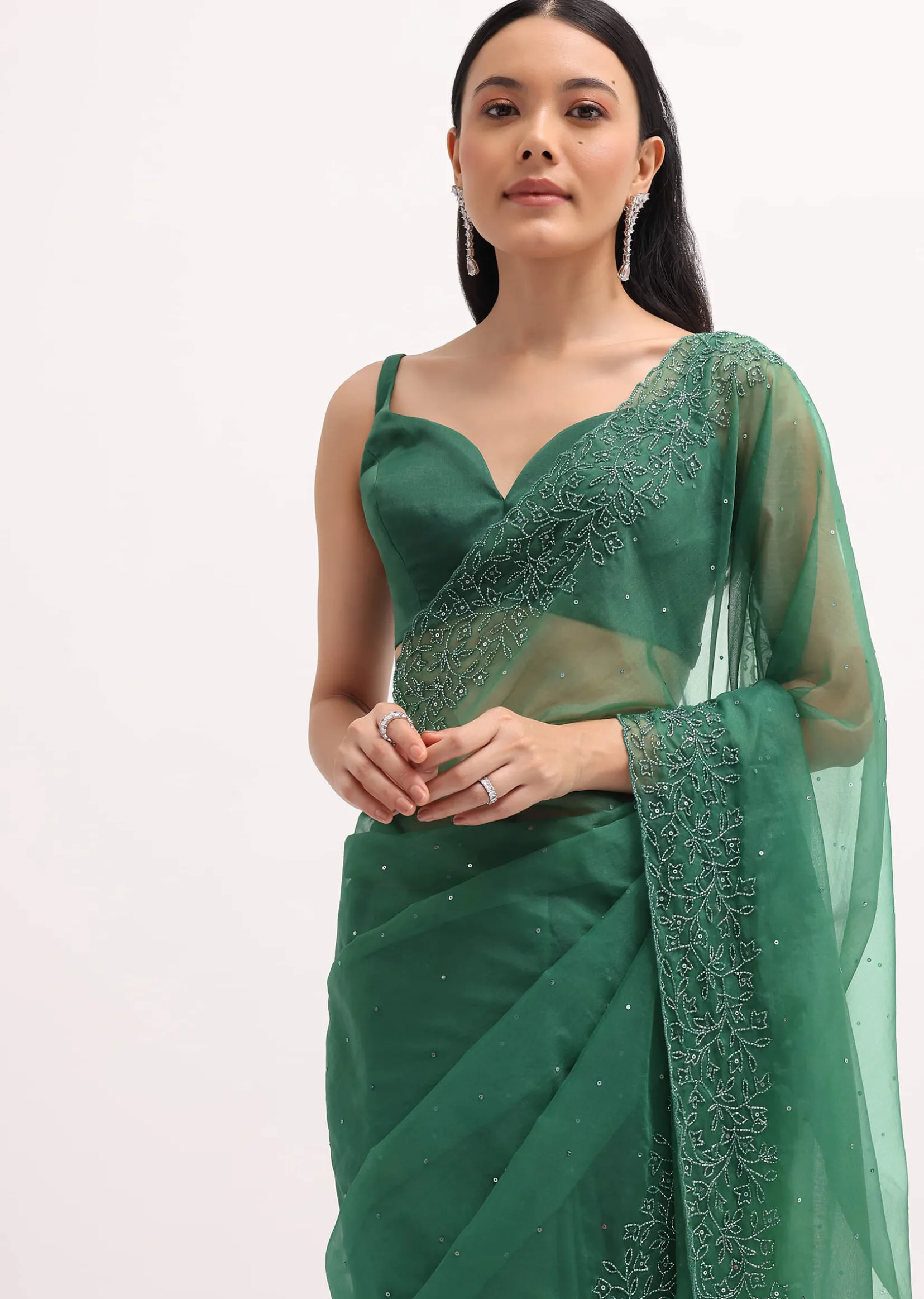 Green Embroidered Organza Saree With Unstitched Blouse