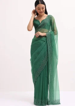 Green Embroidered Organza Saree With Unstitched Blouse