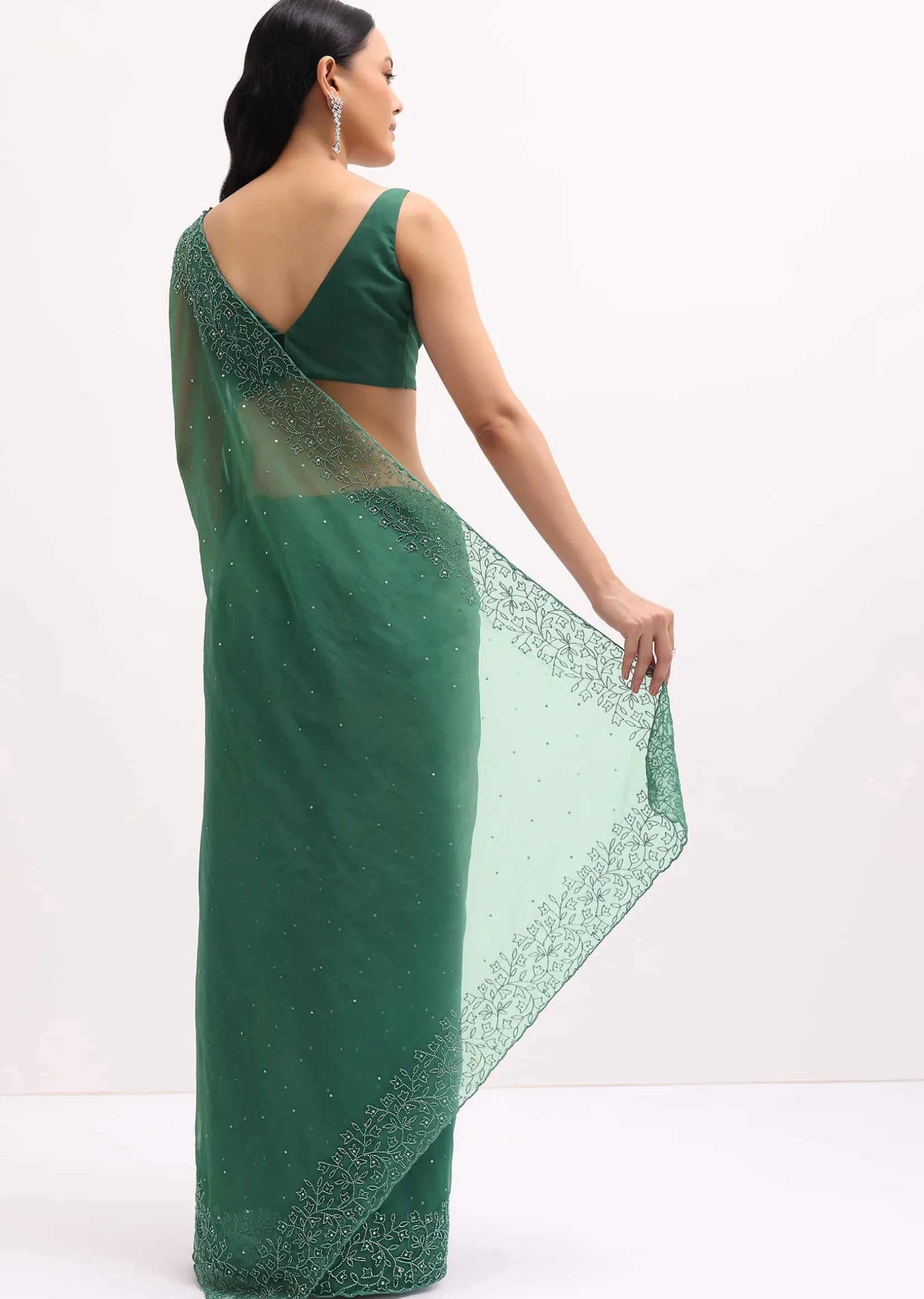 Green Embroidered Organza Saree With Unstitched Blouse