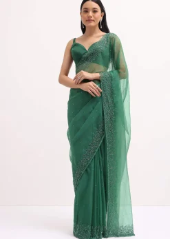 Green Embroidered Organza Saree With Unstitched Blouse