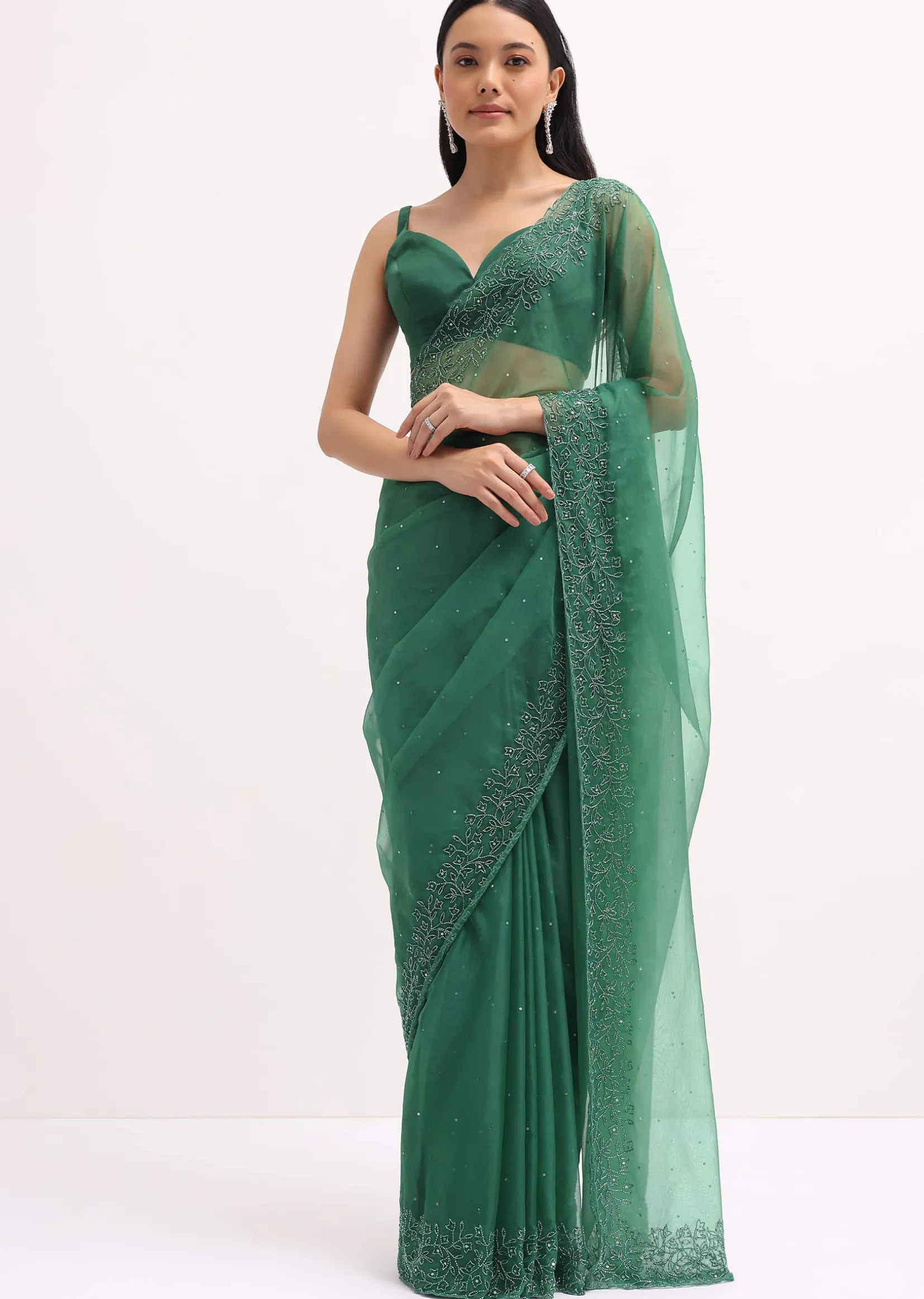 Green Embroidered Organza Saree With Unstitched Blouse