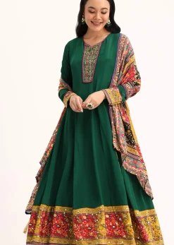 Green Embroidered Satin Kurta Palazzo With Dupatta