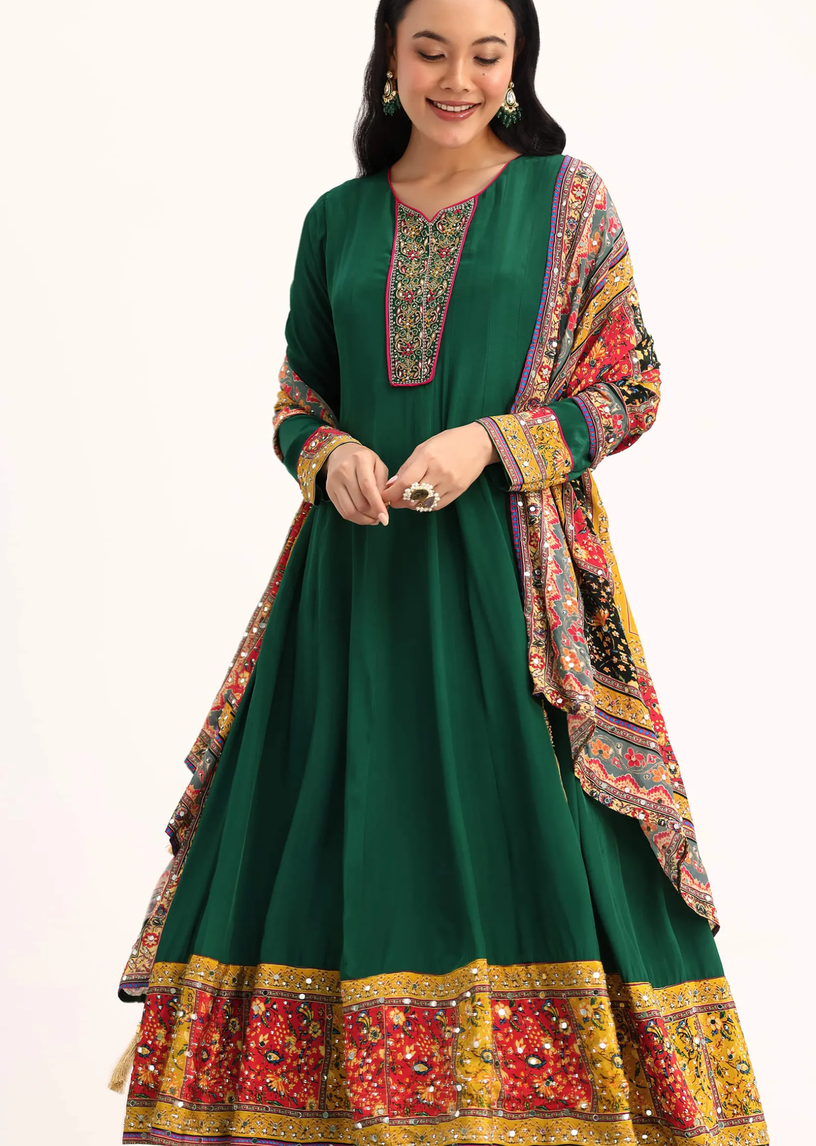 Green Embroidered Satin Kurta Palazzo With Dupatta