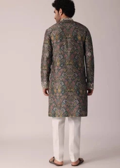 Green Festive Floral Printed Silk Kurta Set For Men