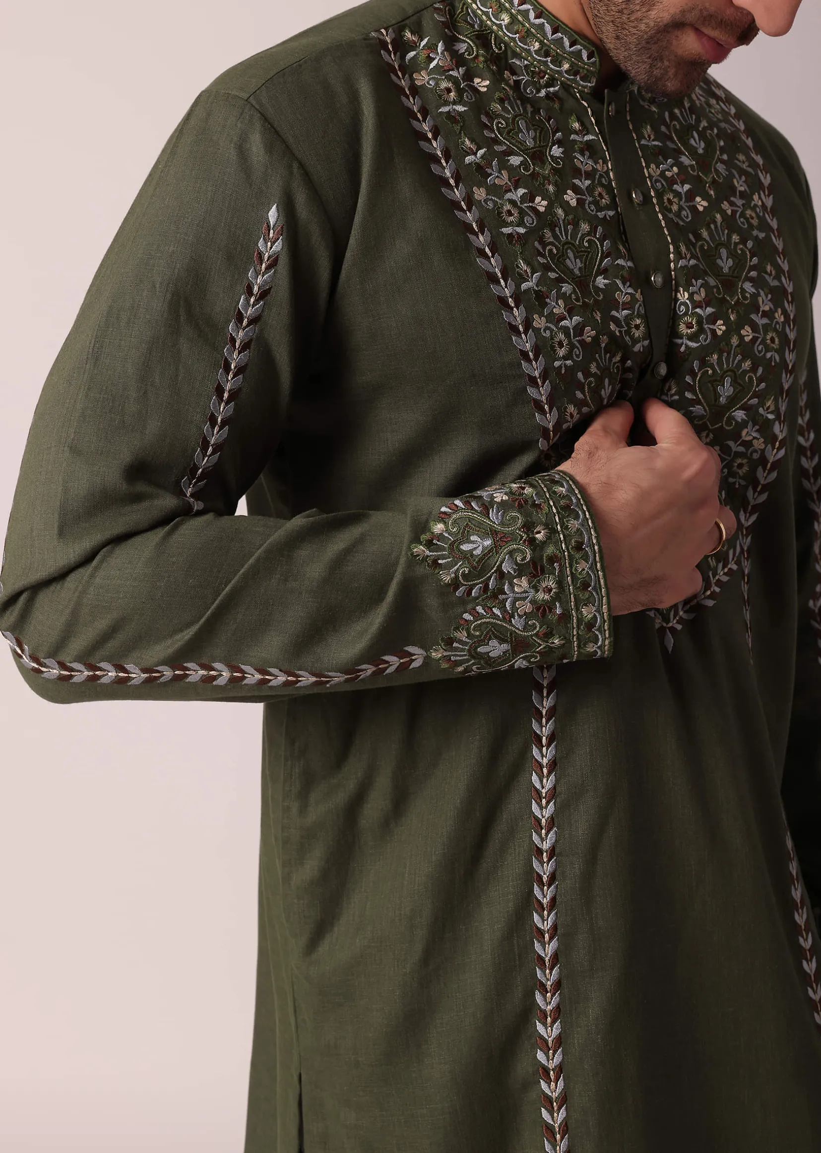 Green Festive Linen Kurta Set For Men