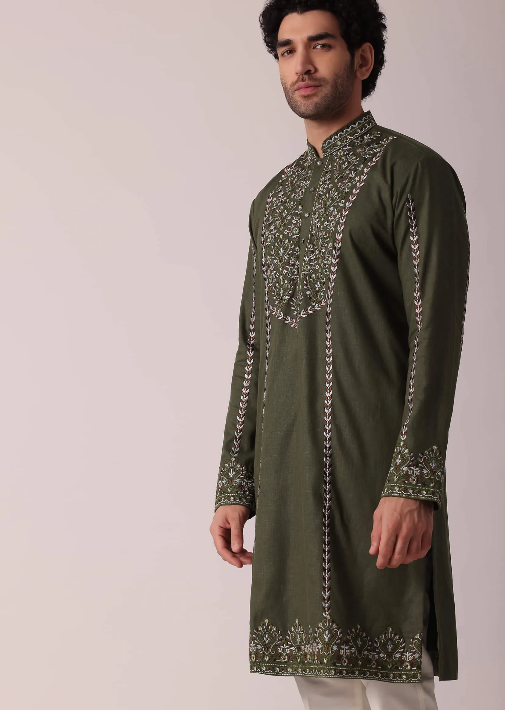 Green Festive Linen Kurta Set For Men