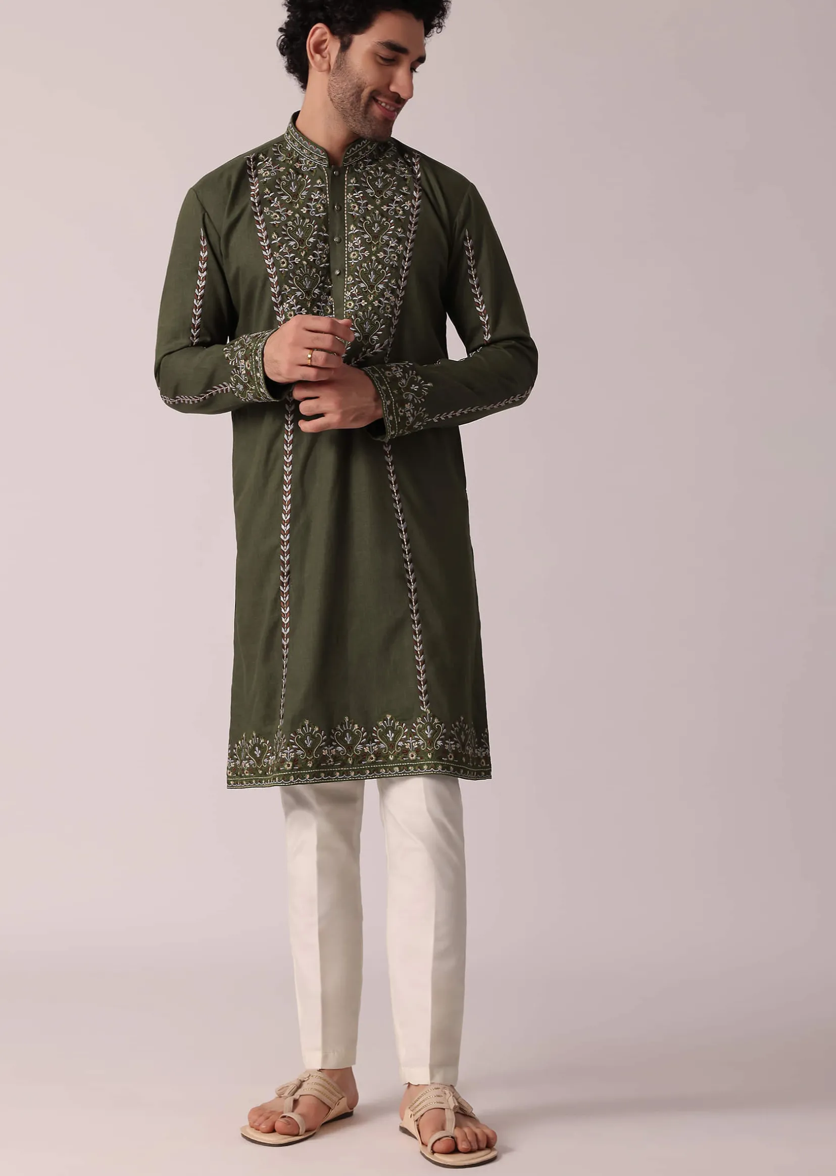 Green Festive Linen Kurta Set For Men