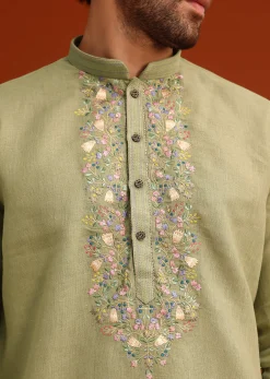 Green Floral Handwork Kurta Set In Linen