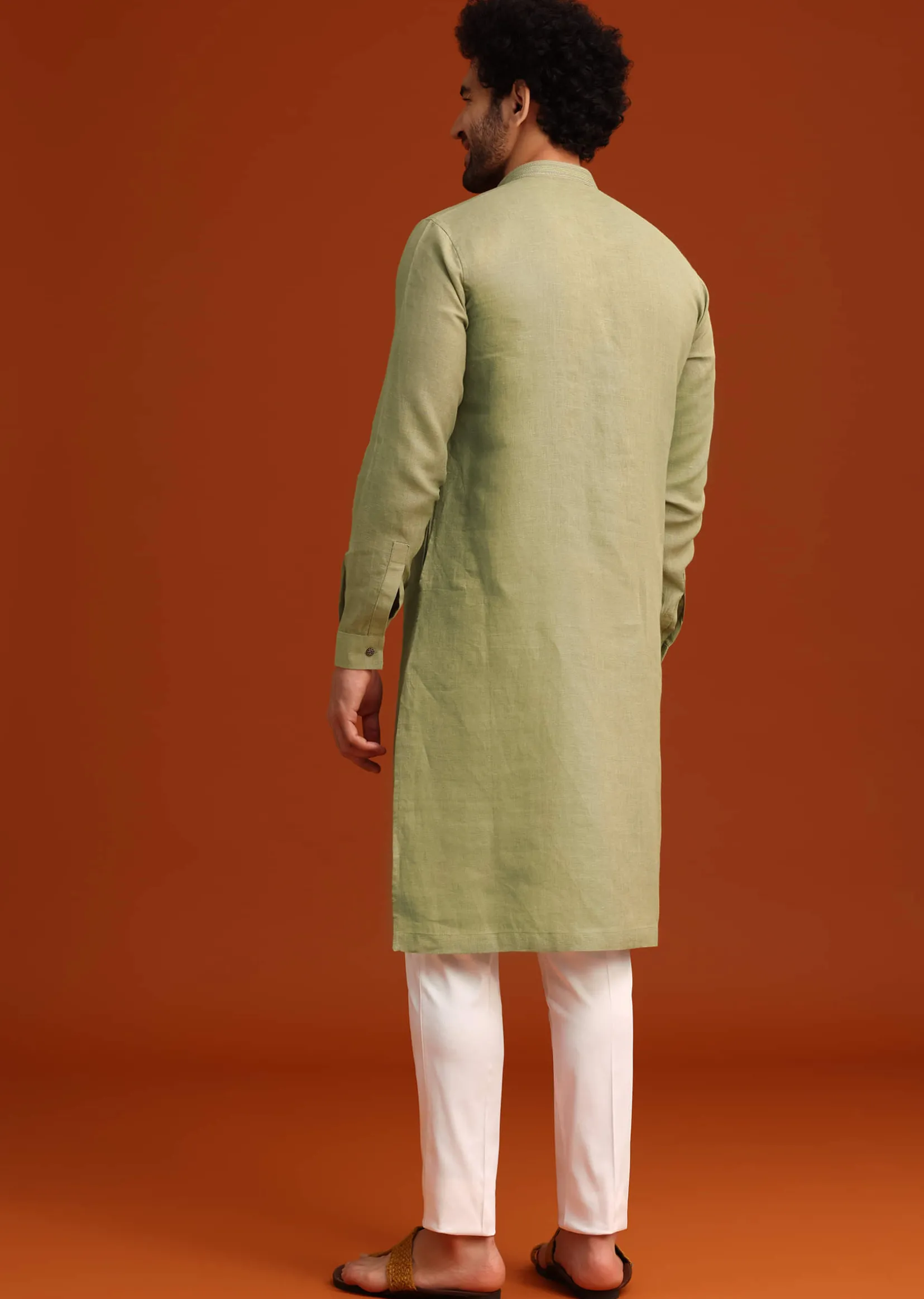 Green Floral Handwork Kurta Set In Linen