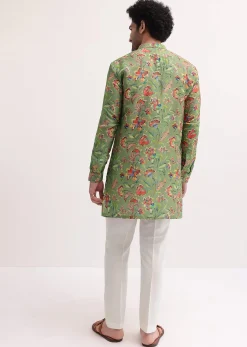 Green Floral Printed Silk Short Kurta Set For Men