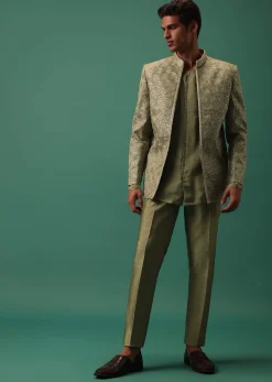 Green Foil Embroidered Jodhpuri Jacket Set With Detailed Organza Kurta