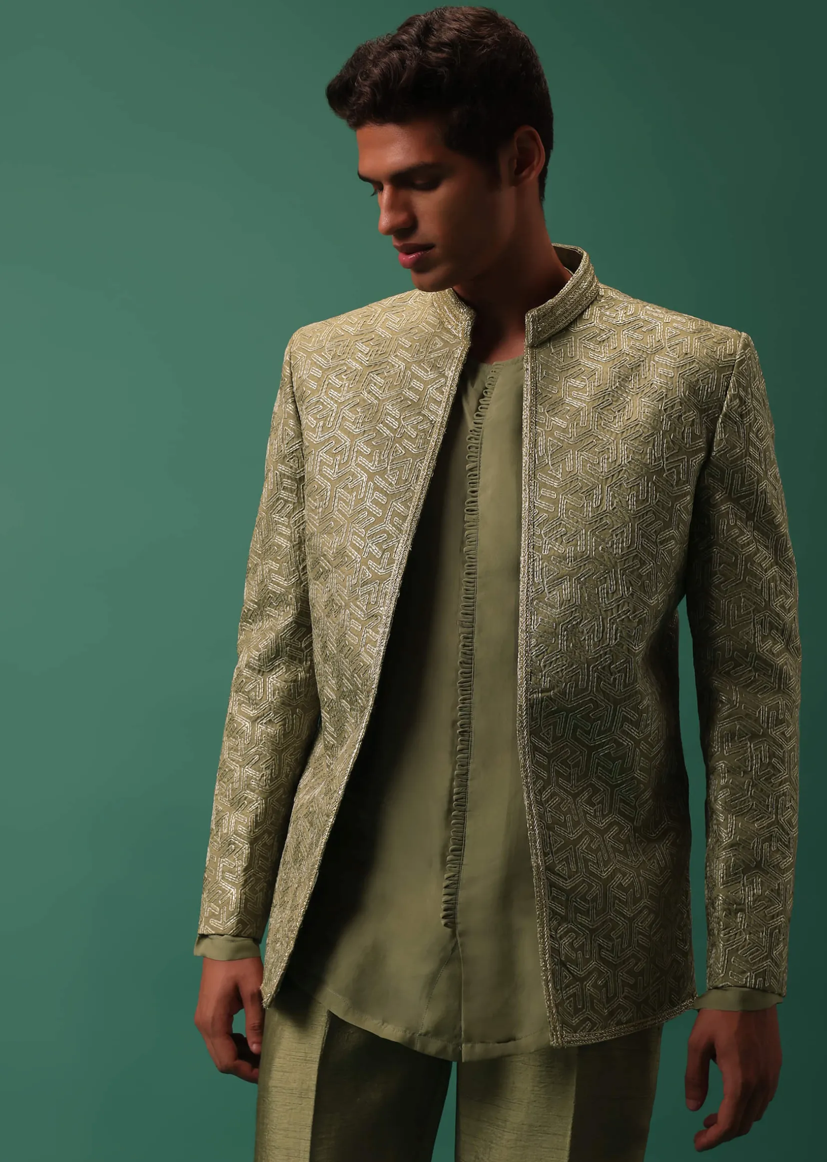 Green Foil Embroidered Jodhpuri Jacket Set With Detailed Organza Kurta