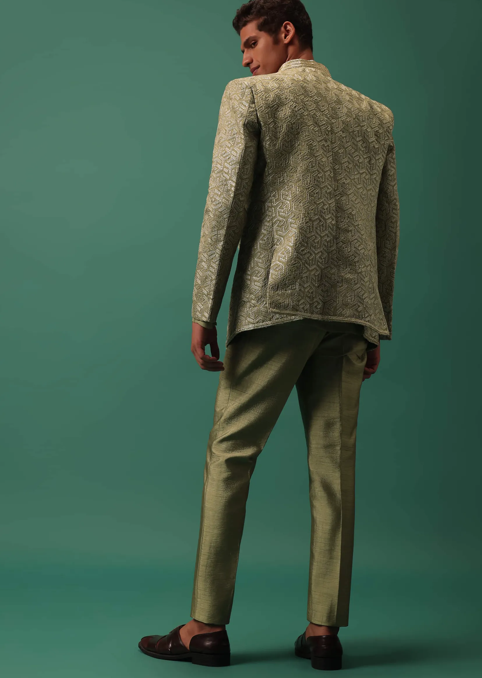 Green Foil Embroidered Jodhpuri Jacket Set With Detailed Organza Kurta