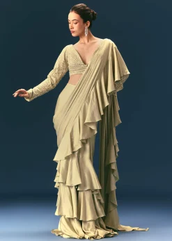 Green Frill Ready To Wear Saree With Embellished Blouse