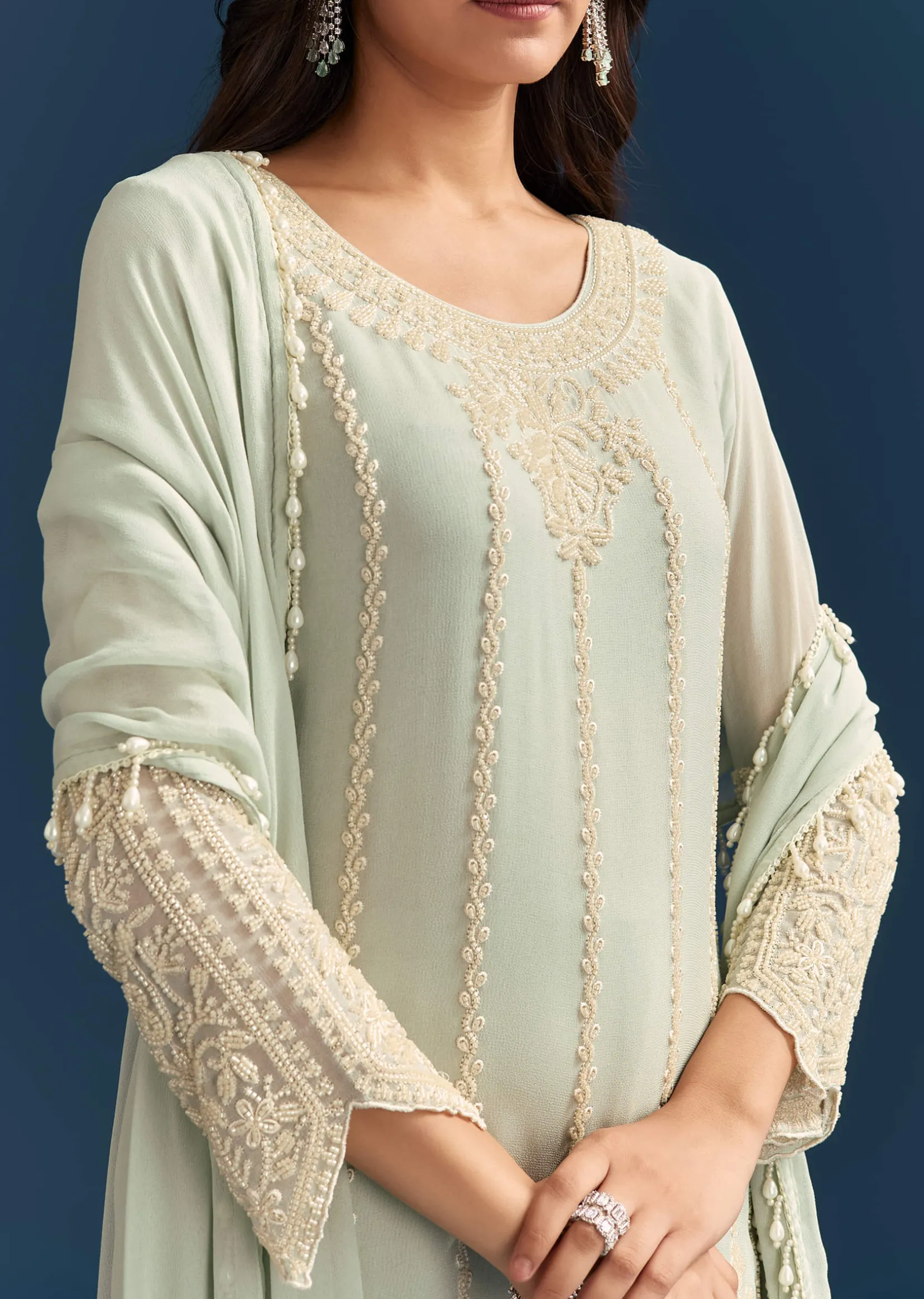 Green Georgette Kurta Set With Beads Detailing