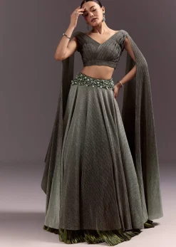 Green Georgette Lehenga Dupatta Set With Self Stone And Bead Work