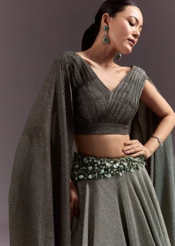 Green Georgette Lehenga Dupatta Set With Self Stone And Bead Work