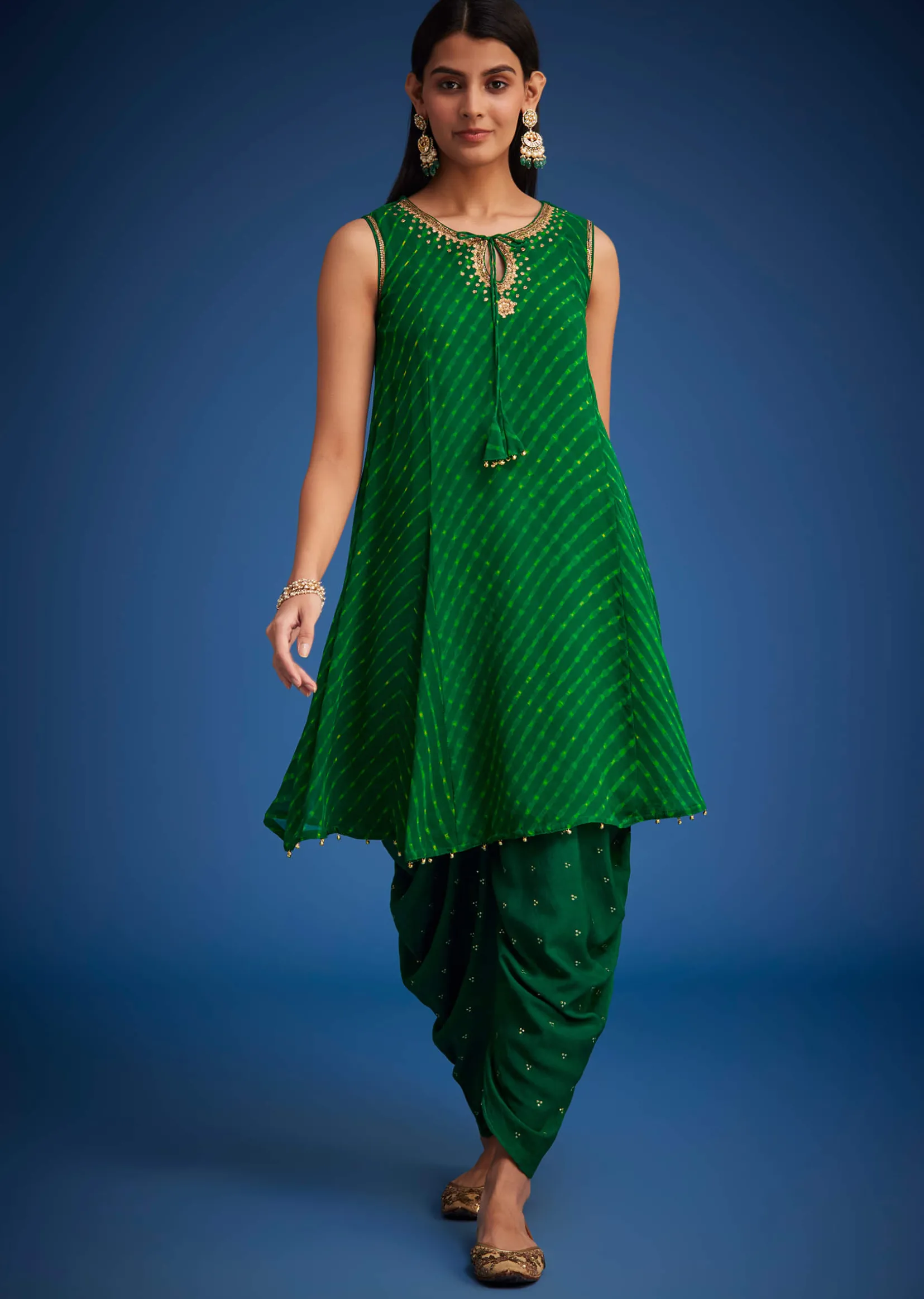 Green Georgette Leheriya Embroidered Dhoti Set