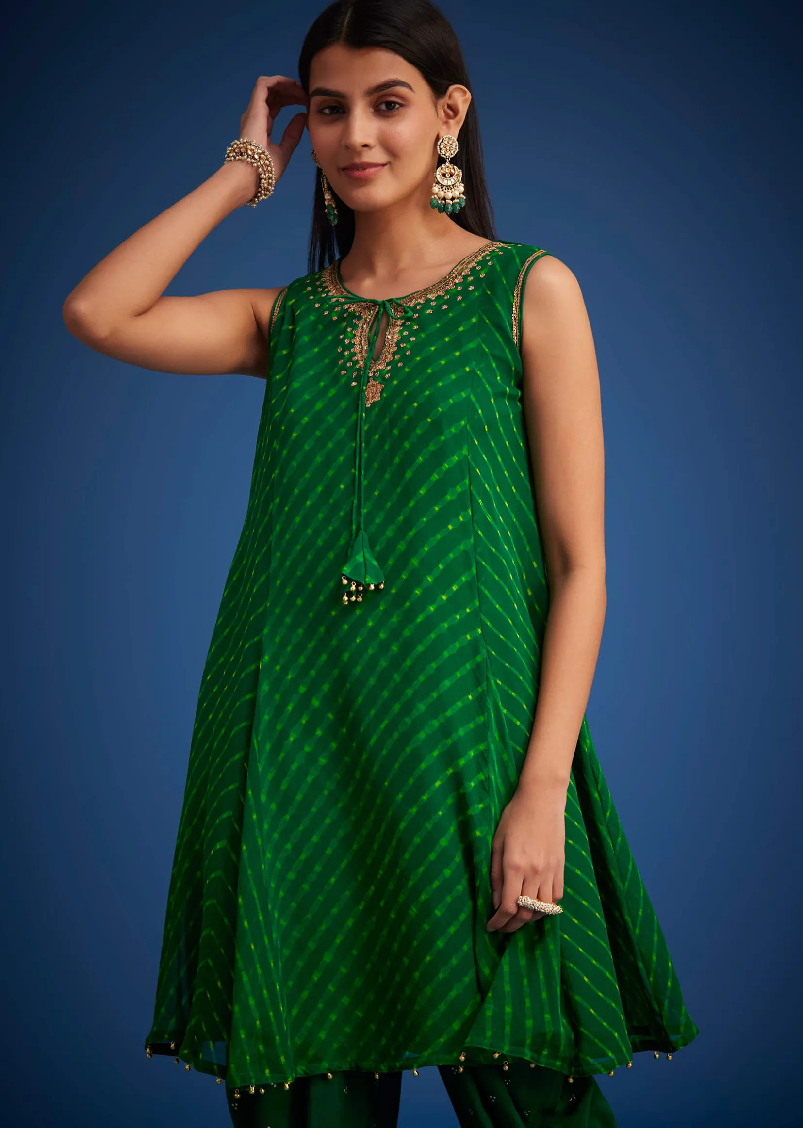 Green Georgette Leheriya Embroidered Dhoti Set