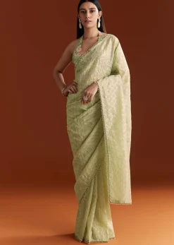 Green Glass Tissue Saree With Sequins And Cutdana Beaded Border