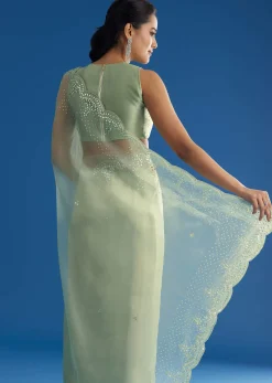 Green Glass Tissue Saree With All Over Cutdana And Sequins Embroidery
