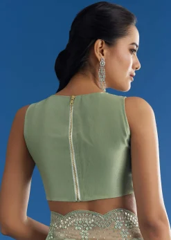 Green Glass Tissue Saree With All Over Cutdana And Sequins Embroidery