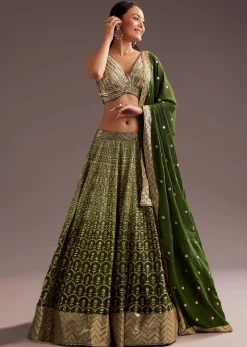 Green Gold Ombre Sequins Zari Georgette Lehenga Set